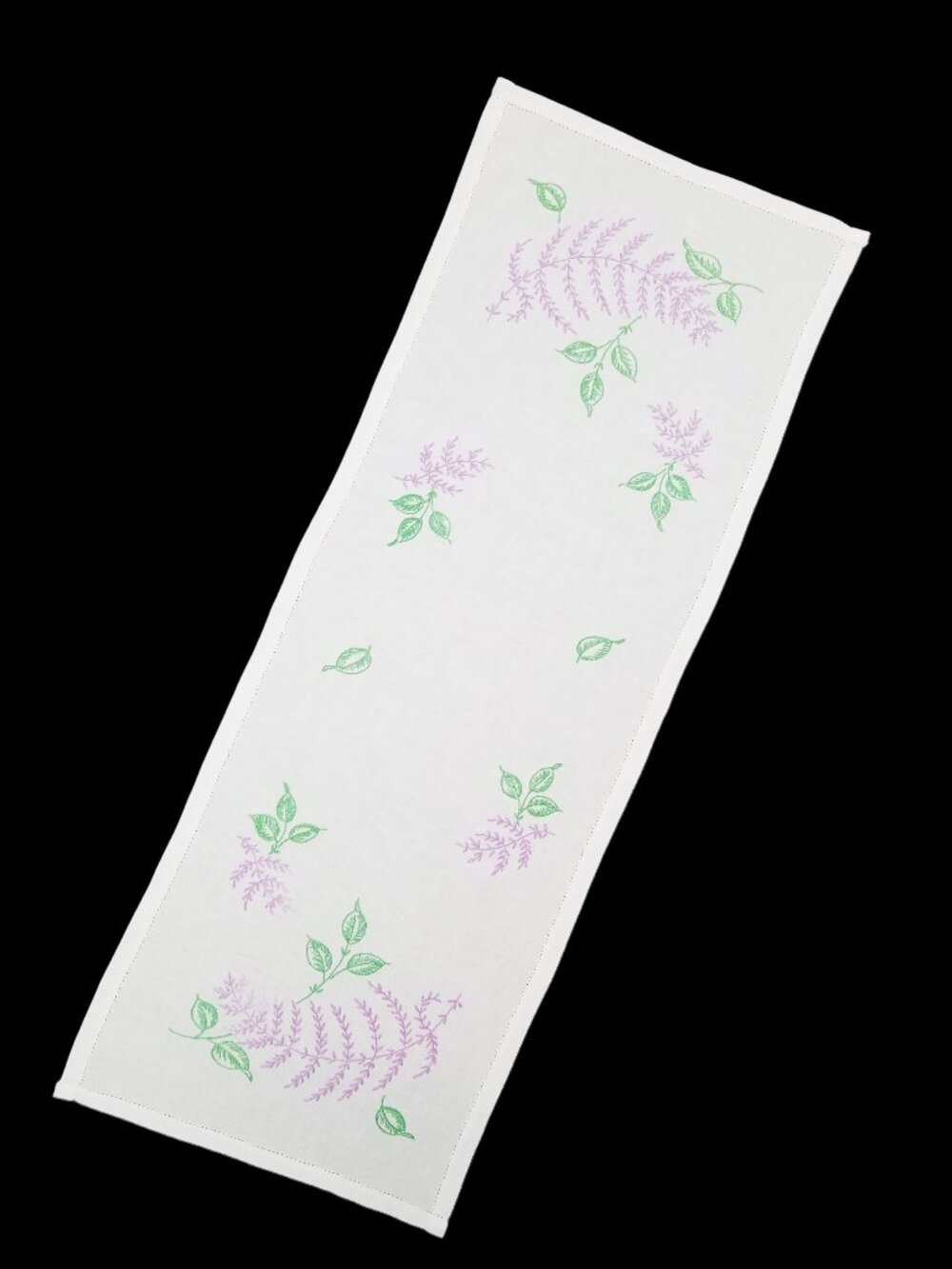 Vintage Table Runner or Dresser Scarf Hand Embroidered Lavender Flowers